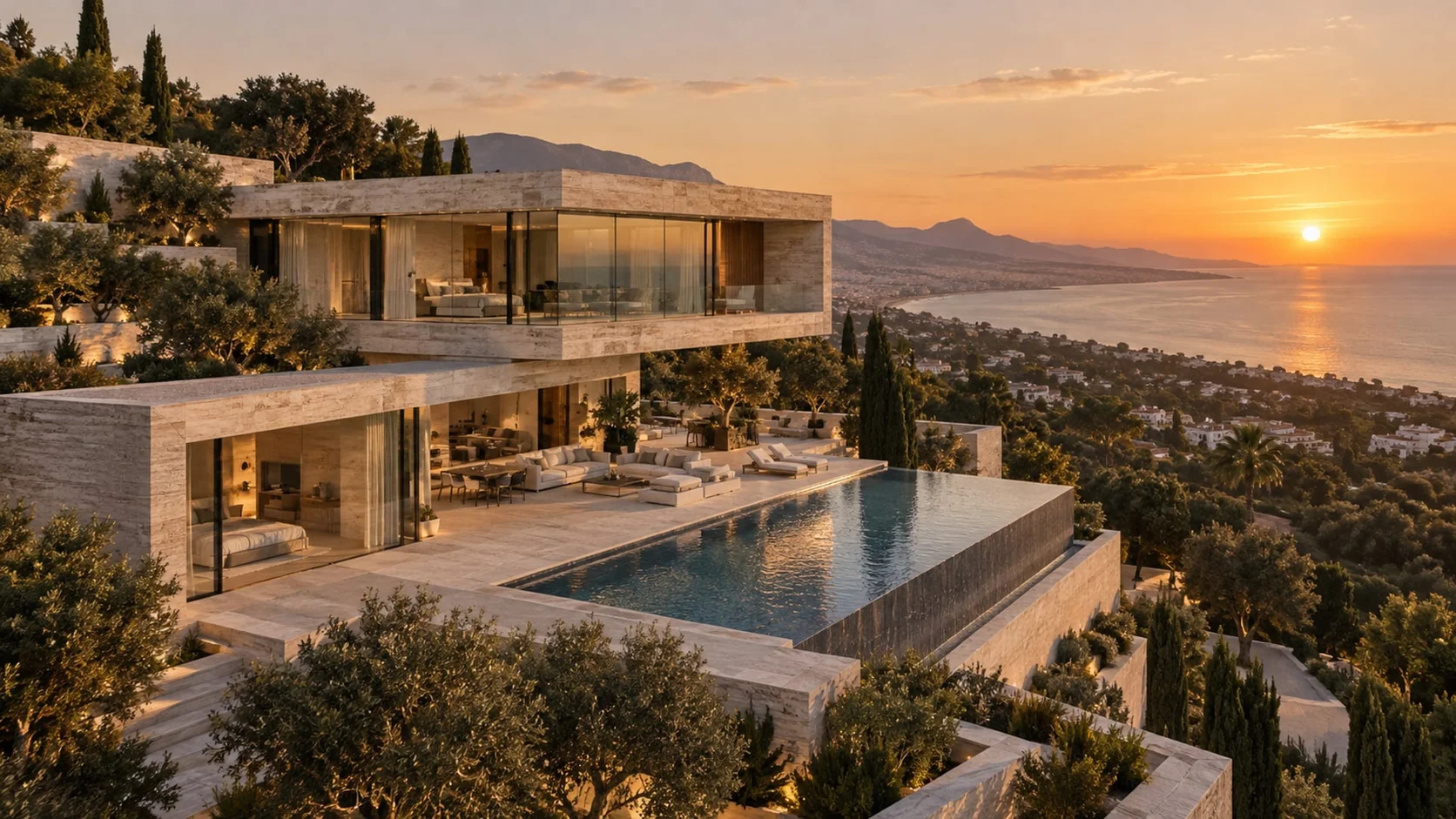 Travertine villa overlooking the Mediterranean at golden hour