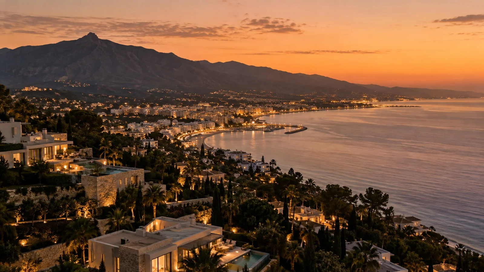 Marbella coastline and city lights at dusk